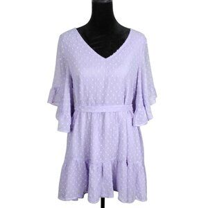 Missky Womens Size S Lavender Swiss Dot V-Neck Dress Ruffle Sleeves & Tie Waist
